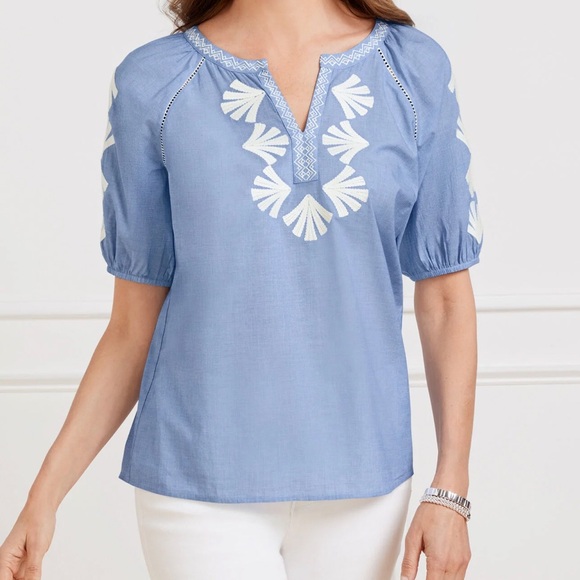 Talbots Chambray Blue & White Embroidered Cotton Women's Plus Size Top NWT - Picture 1 of 16